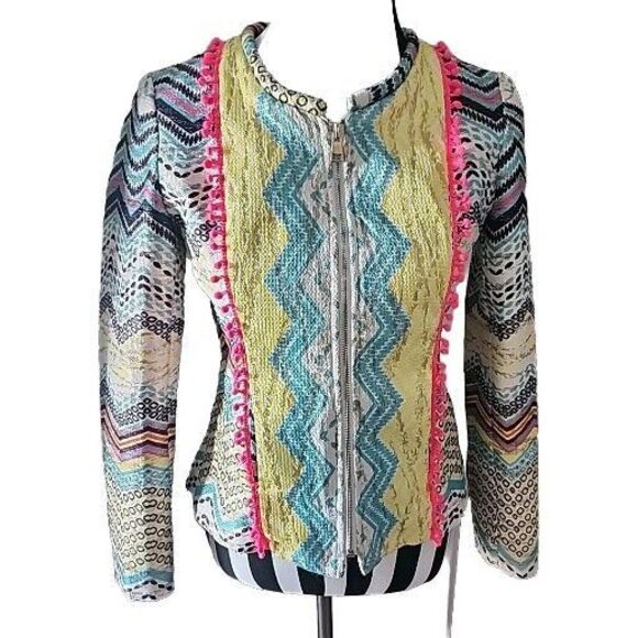 Holly Bracken Womens Blazer Jacket Sz Small Yellow Blue Chevron Print Zip Front - Picture 1 of 12